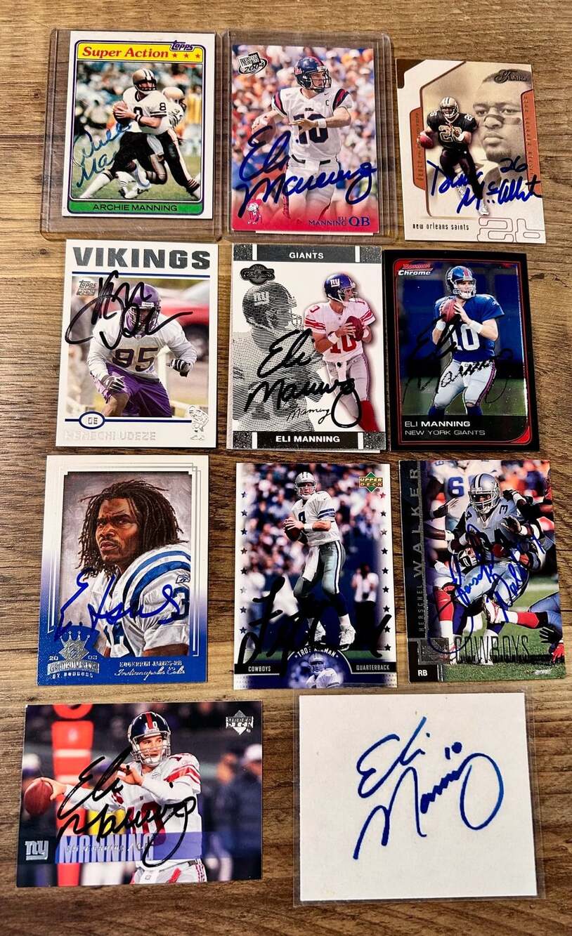 Assorted Football Trading Cards Lot Featuring Eli Manning and Others Autographed